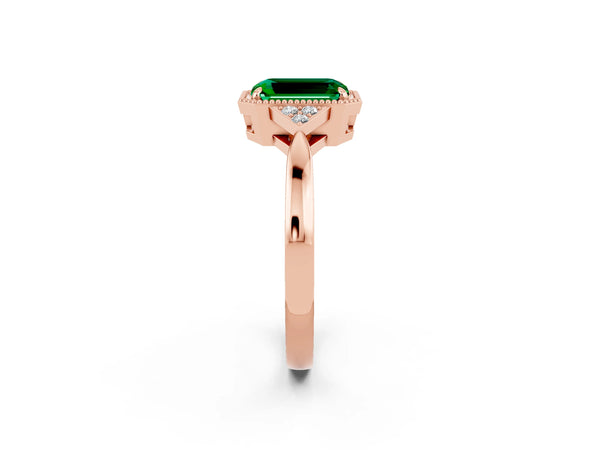 Rose gold Emerald Cut Emerald Halo Ring with Tapered Band and Four-Prong Setting