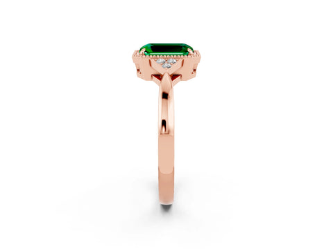 Rose gold Emerald Cut Emerald Halo Ring with Tapered Band and Four-Prong Setting_2