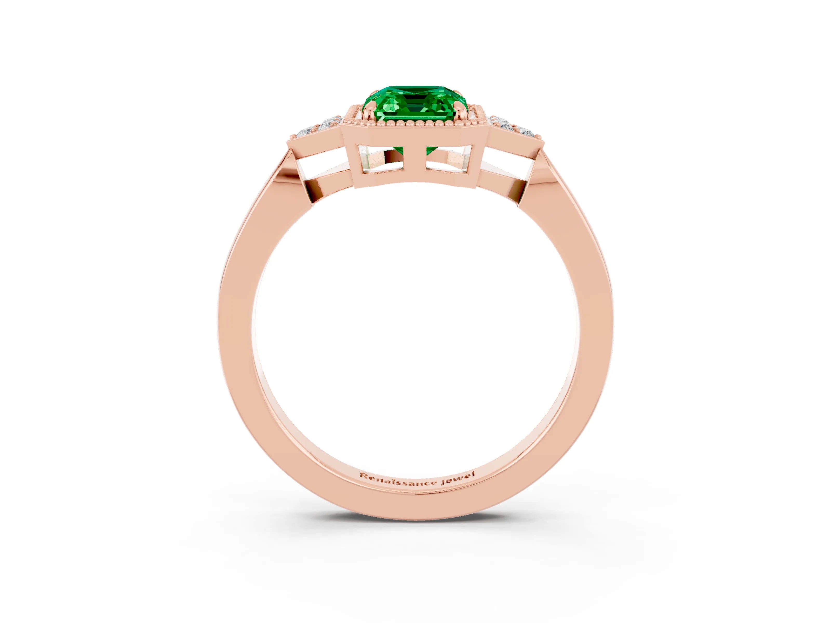 Rose gold Emerald Cut Emerald Halo Ring with Tapered Band and Four-Prong Setting_3
