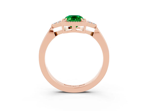 Rose gold Emerald Cut Emerald Halo Ring with Tapered Band and Four-Prong Setting