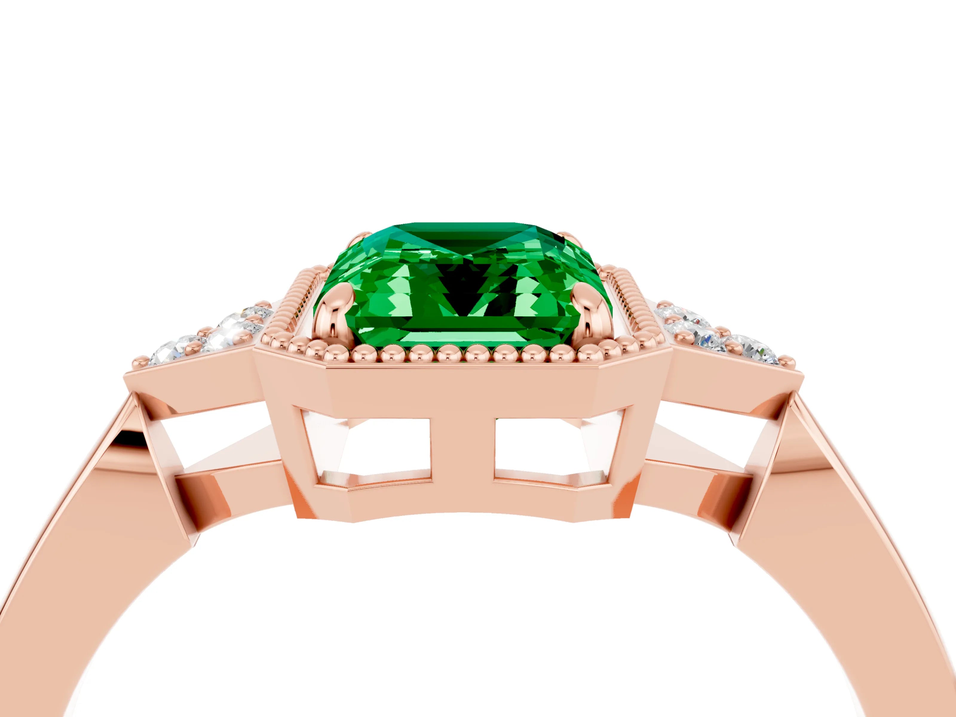Rose gold Emerald Cut Emerald Halo Ring with Tapered Band and Four-Prong Setting_4