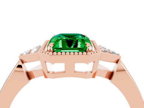 Rose gold Emerald Cut Emerald Halo Ring with Tapered Band and Four-Prong Setting_4