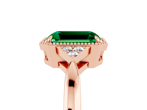 Rose gold Emerald Cut Emerald Halo Ring with Tapered Band and Four-Prong Setting_5