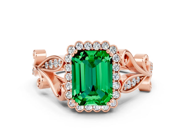 Rose gold Emerald Cut Emerald Halo Ring with Vintage Split Shank and Four-Prong Setting