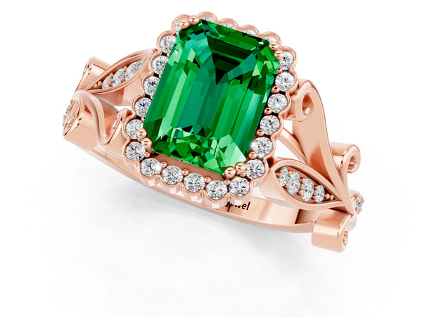 Rose gold Emerald Cut Emerald Halo Ring with Vintage Split Shank and Four-Prong Setting