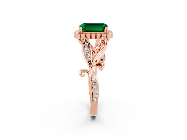 Rose gold Emerald Cut Emerald Halo Ring with Vintage Split Shank and Four-Prong Setting