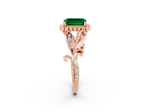 Rose gold Emerald Cut Emerald Halo Ring with Vintage Split Shank and Four-Prong Setting_2