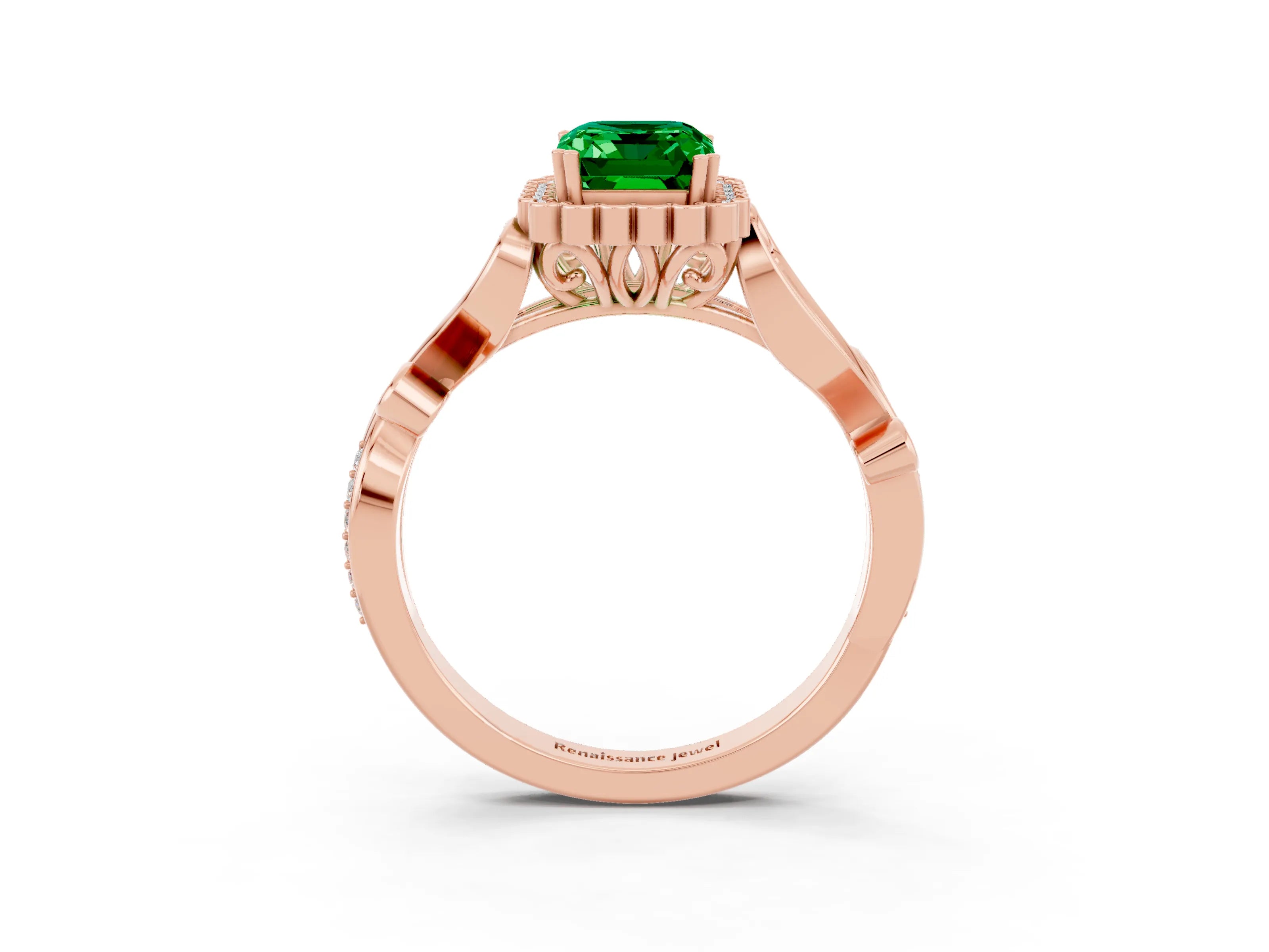 Rose gold Emerald Cut Emerald Halo Ring with Vintage Split Shank and Four-Prong Setting_3
