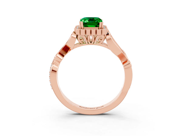Rose gold Emerald Cut Emerald Halo Ring with Vintage Split Shank and Four-Prong Setting