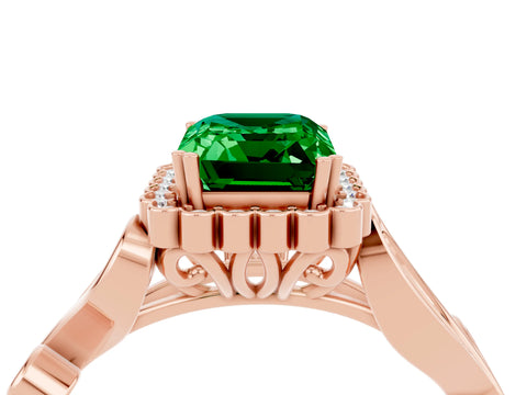 Rose gold Emerald Cut Emerald Halo Ring with Vintage Split Shank and Four-Prong Setting_4