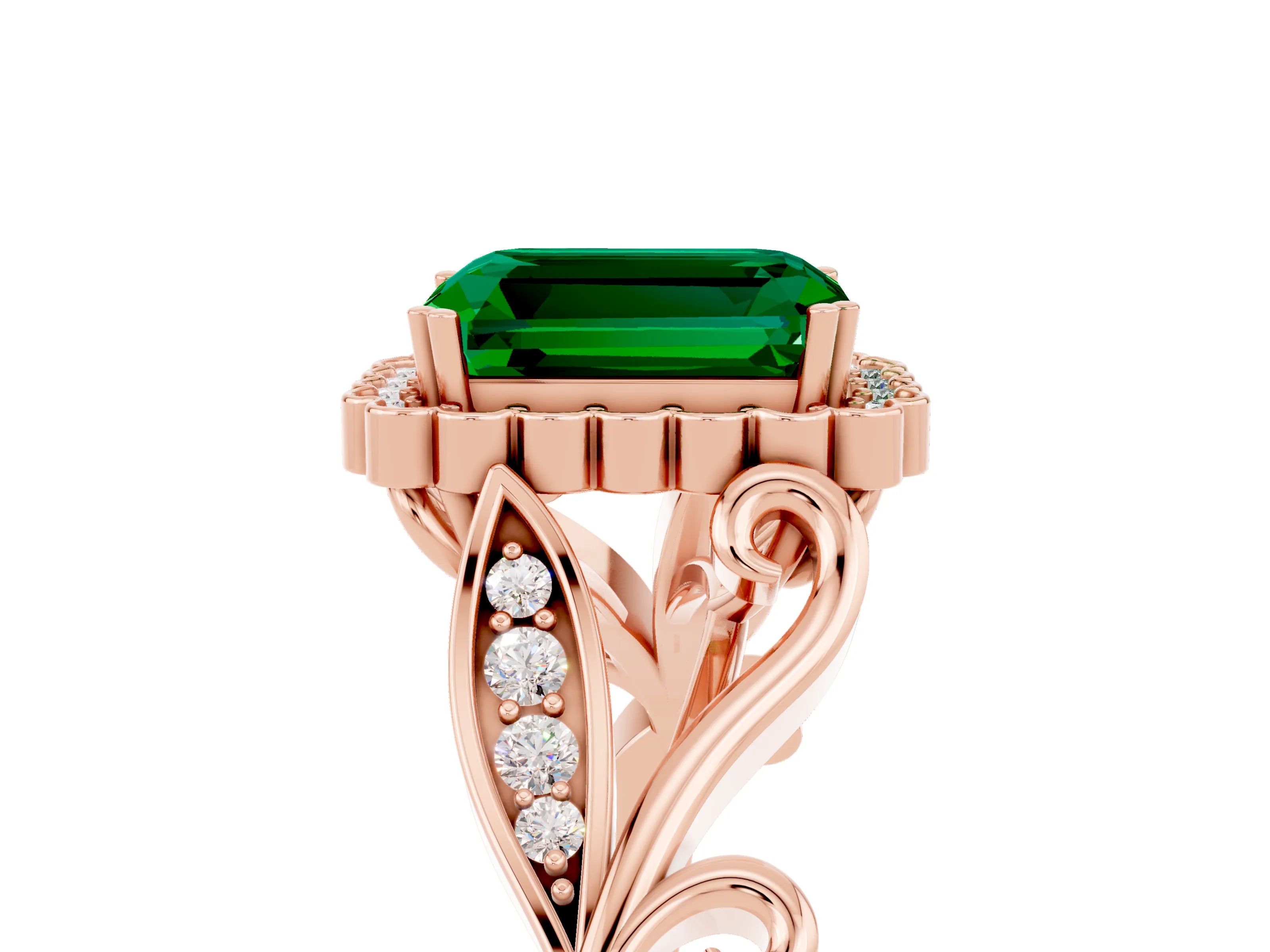 Rose gold Emerald Cut Emerald Halo Ring with Vintage Split Shank and Four-Prong Setting_5