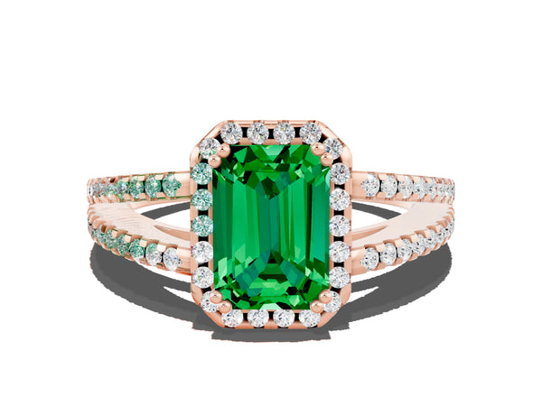 Rose gold Emerald Cut Emerald Halo Split Shank Engagement Ring