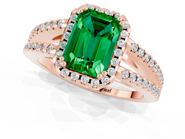 Rose gold Emerald Cut Emerald Halo Split Shank Engagement Ring