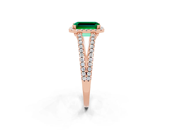 Rose gold Emerald Cut Emerald Halo Split Shank Engagement Ring