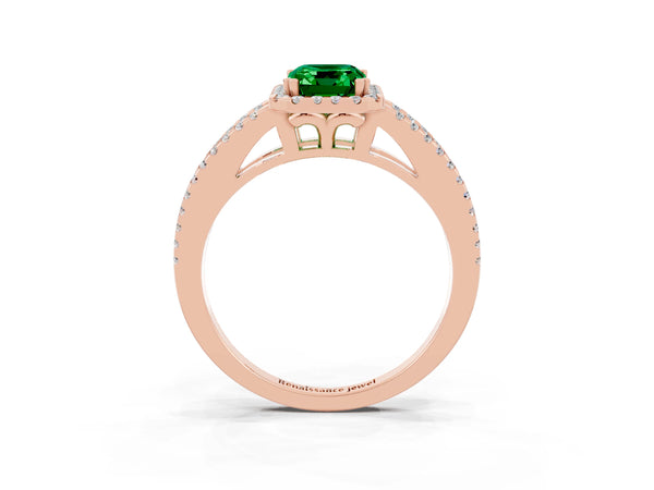 Rose gold Emerald Cut Emerald Halo Split Shank Engagement Ring