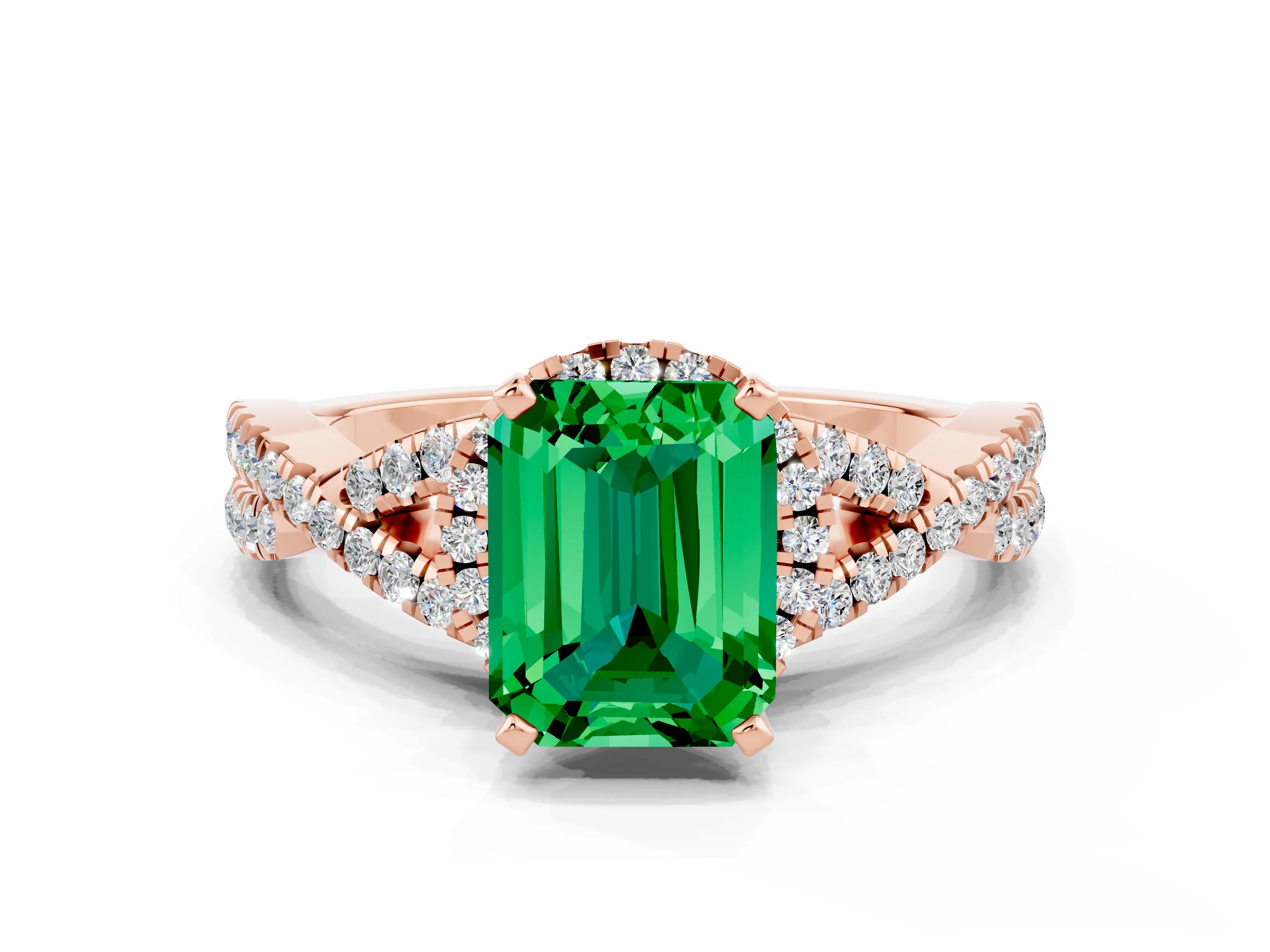 Rose gold Emerald Cut Emerald Halo Twist Band Solitaire Prong Setting Ring