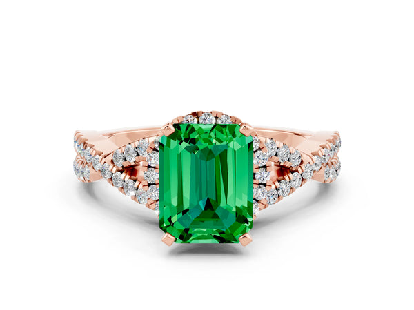 Rose gold Emerald Cut Emerald  Halo Twist Band Solitaire Prong Setting Ring