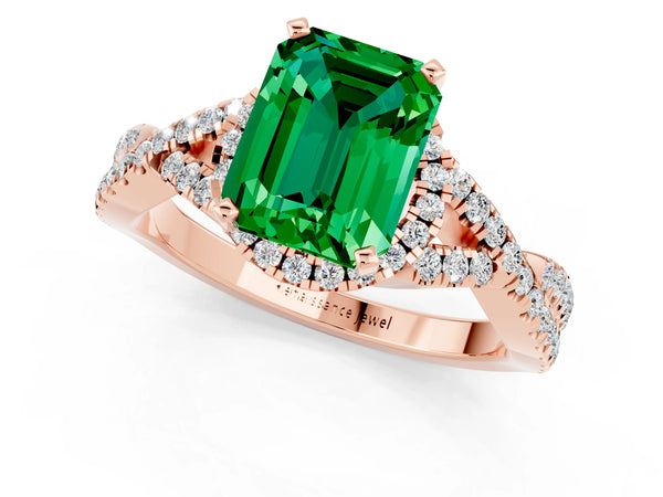 Rose gold Emerald Cut Emerald  Halo Twist Band Solitaire Prong Setting Ring