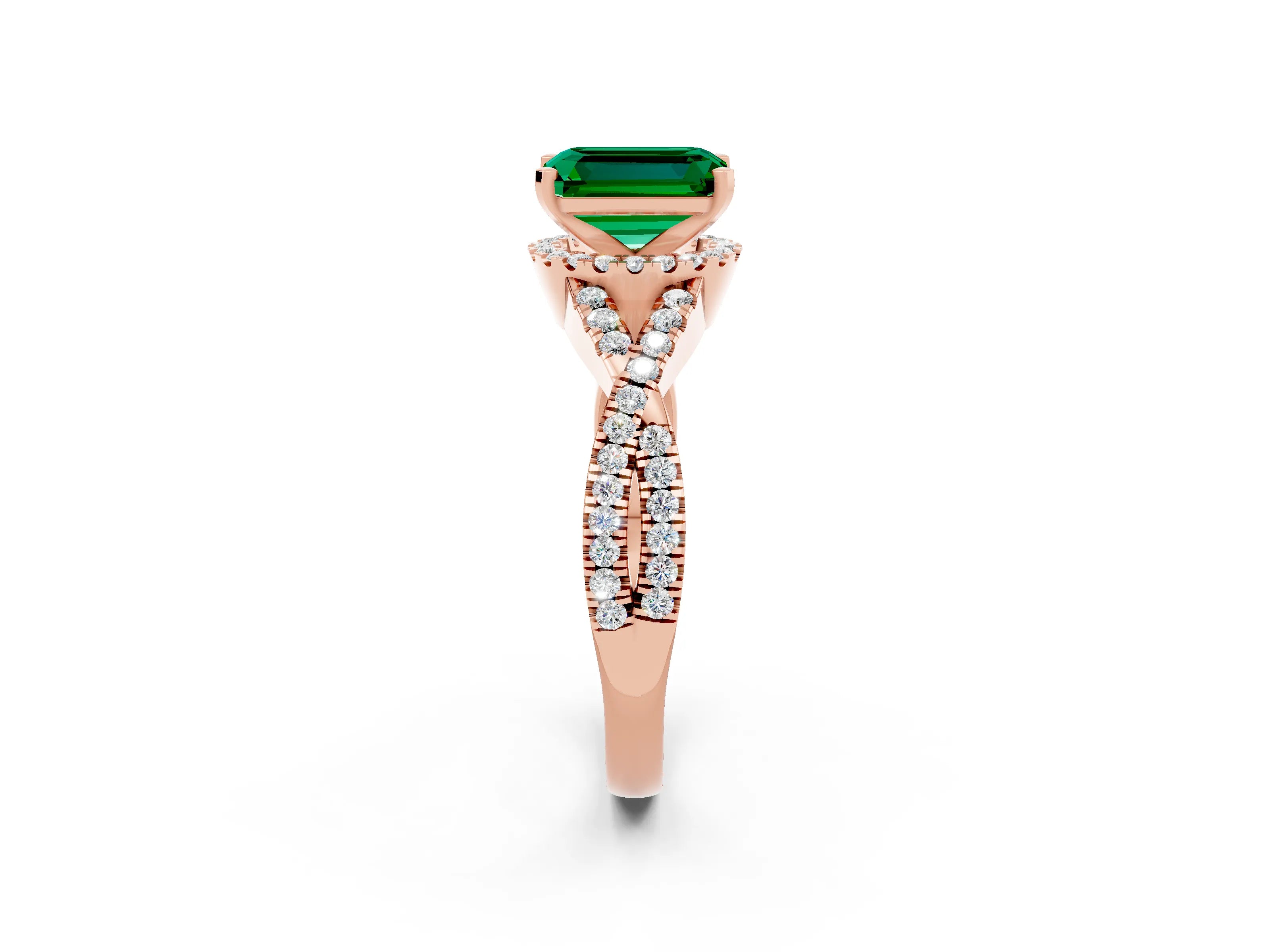 Rose gold Emerald Cut Emerald Halo Twist Band Solitaire Prong Setting Ring_2