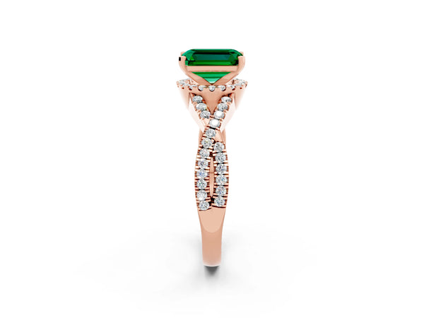 Rose gold Emerald Cut Emerald  Halo Twist Band Solitaire Prong Setting Ring