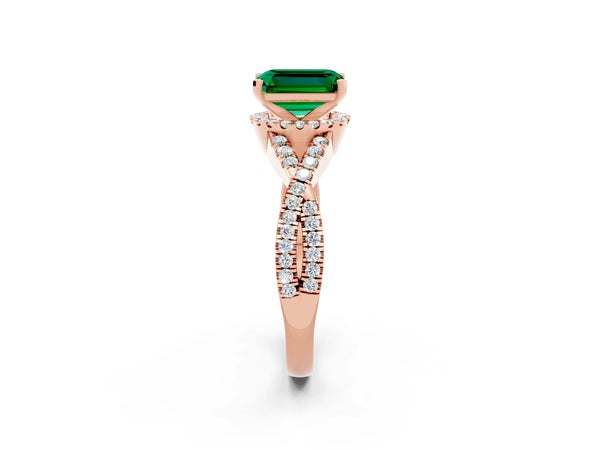 Rose gold Emerald Cut Emerald  Halo Twist Band Solitaire Prong Setting Ring