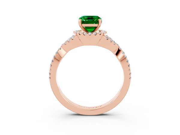 Rose gold Emerald Cut Emerald  Halo Twist Band Solitaire Prong Setting Ring