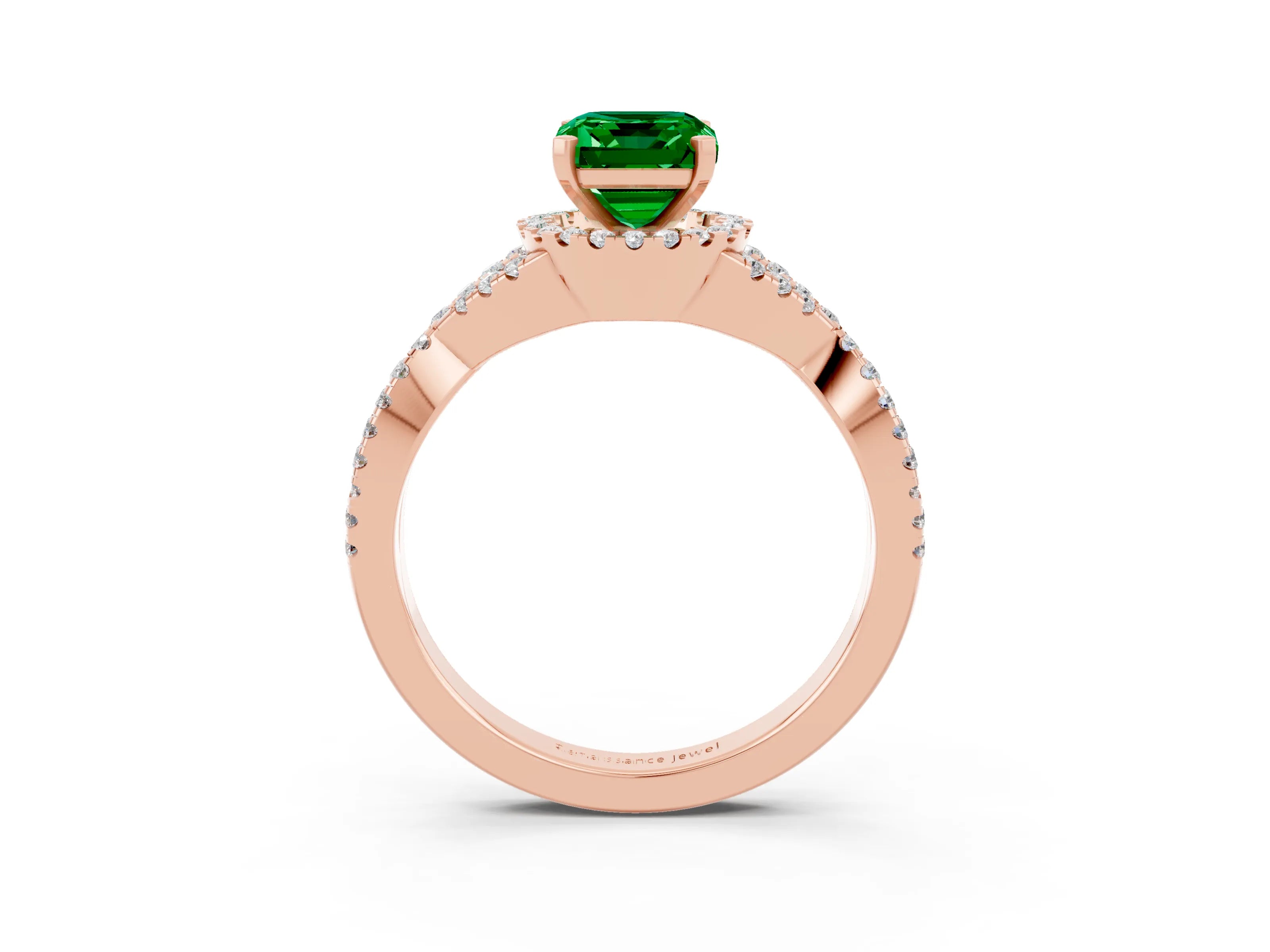 Rose gold Emerald Cut Emerald Halo Twist Band Solitaire Prong Setting Ring_3