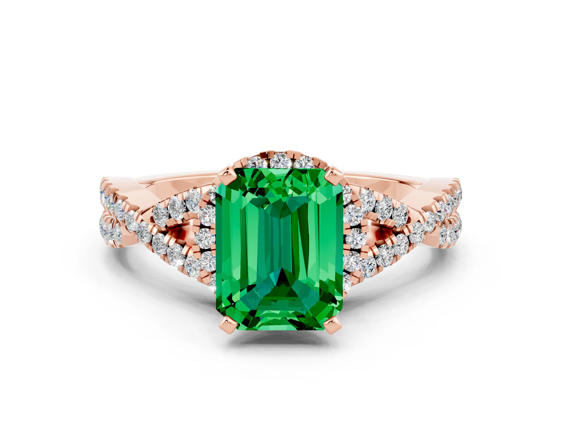 Rose gold Emerald Cut Emerald  Halo Twist Band Solitaire Prong Setting Ring_48