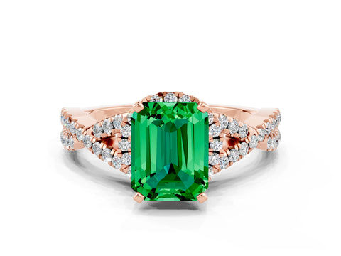 Rose gold Emerald Cut Emerald Halo Twist Band Solitaire Prong Setting Ring