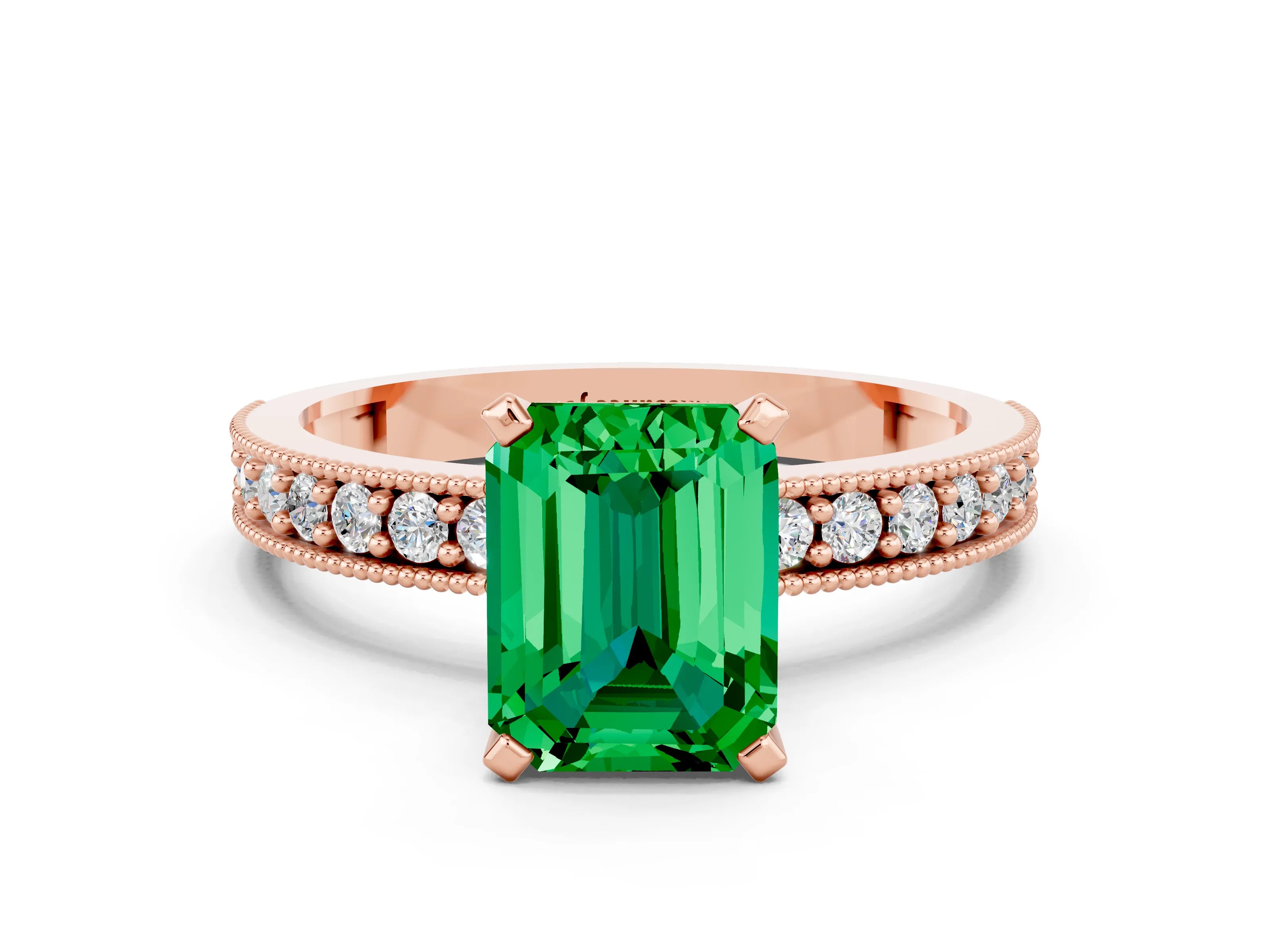 Rose gold Emerald Cut Emerald Milgrain Pavé Engagement Ring with Four-Prong Setting_12