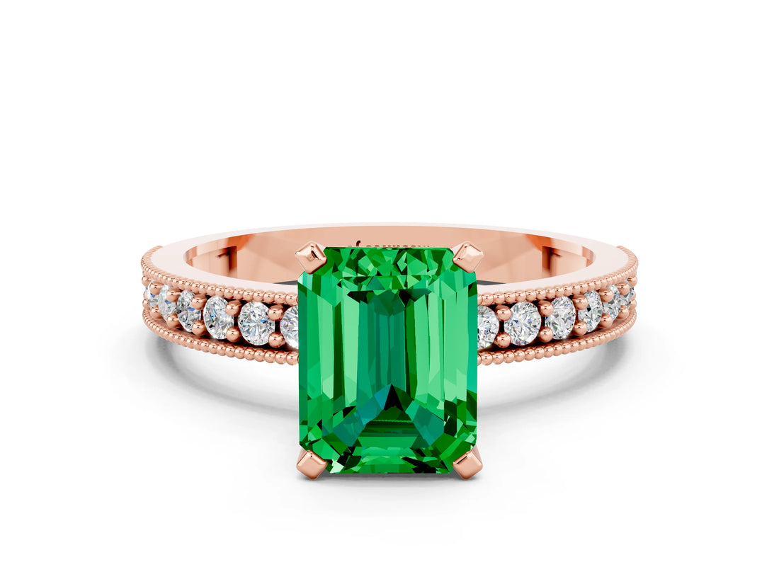 Rose gold Emerald Cut Emerald Milgrain Pavé Engagement Ring with Four-Prong Setting_12