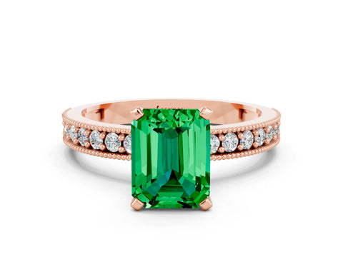 Rose gold Emerald Cut Emerald Milgrain Pavé Engagement Ring with Four-Prong Setting_12