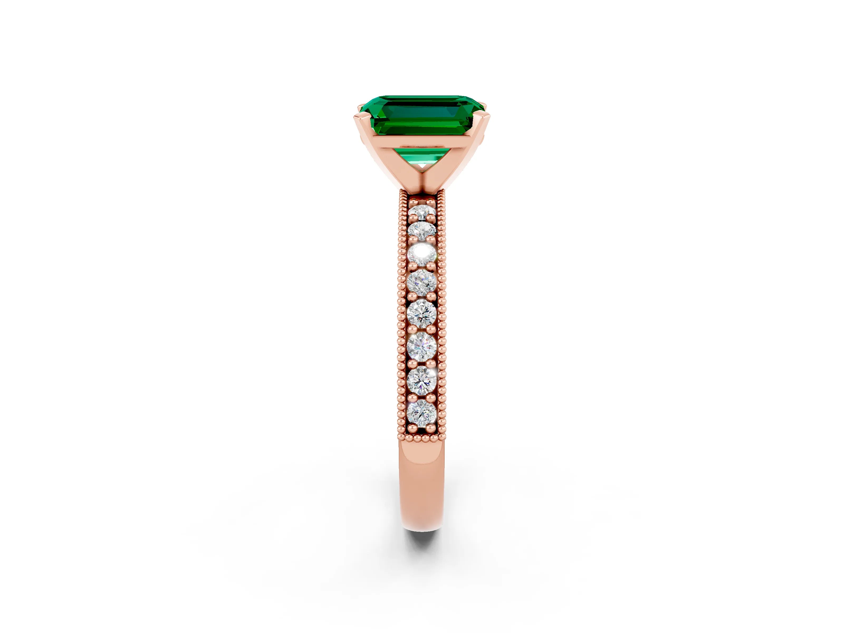 Rose gold Emerald Cut Emerald Milgrain Pavé Engagement Ring with Four-Prong Setting_14