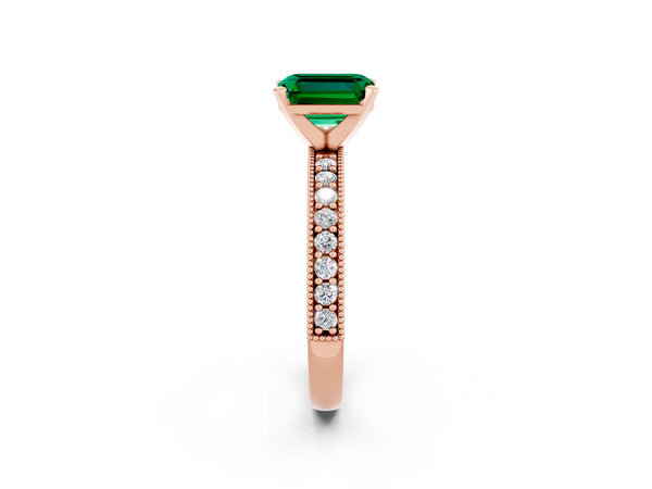 Rose gold Emerald Cut Emerald Milgrain Pavé Engagement Ring with Four-Prong Setting