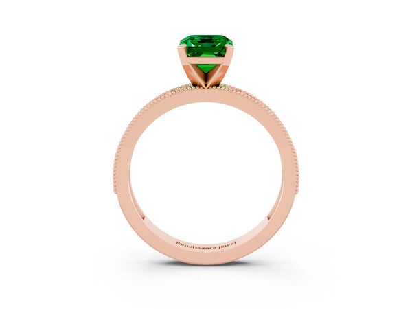 Rose gold Emerald Cut Emerald Milgrain Pavé Engagement Ring with Four-Prong Setting