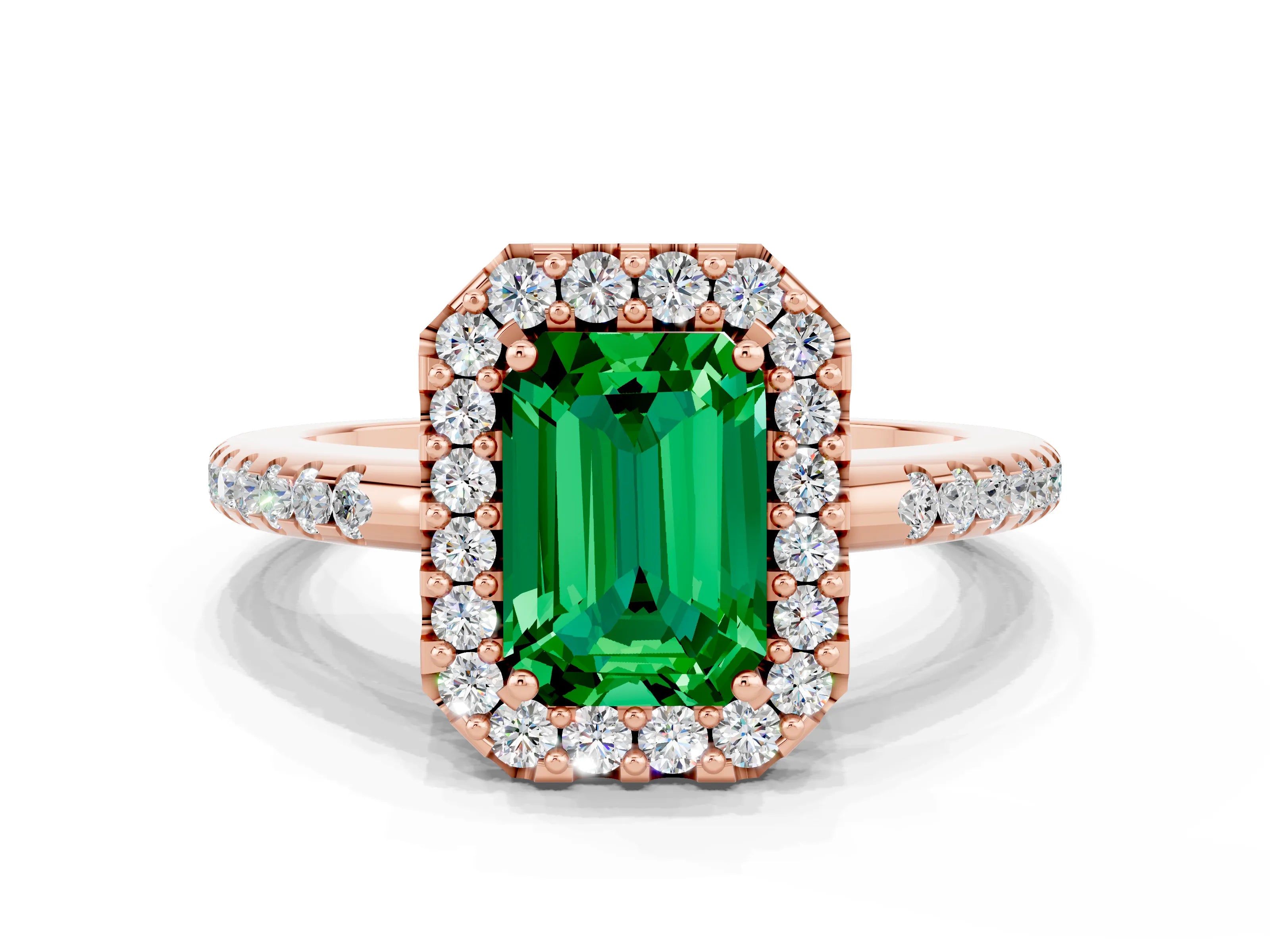 Rose gold Emerald Cut Emerald Pavé Halo Ring with Four-Prong Setting_12