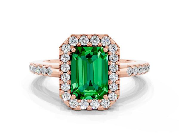 Rose gold Emerald Cut Emerald Pavé Halo Ring with Four-Prong Setting