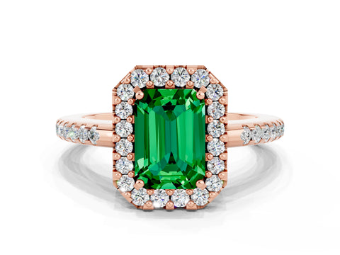 Rose gold Emerald Cut Emerald Pavé Halo Ring with Four-Prong Setting_12