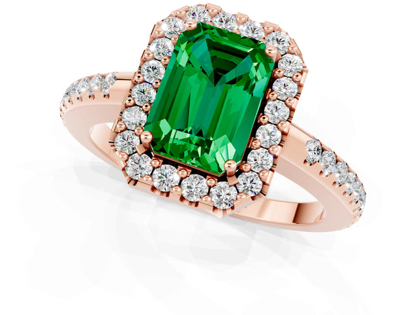 Rose gold Emerald Cut Emerald Pavé Halo Ring with Four-Prong Setting