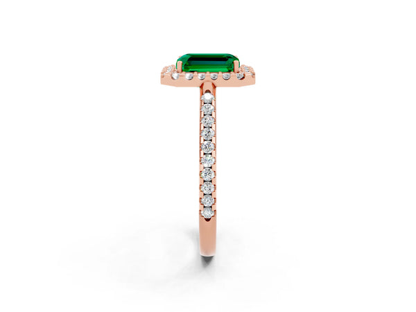 Rose gold Emerald Cut Emerald Pavé Halo Ring with Four-Prong Setting