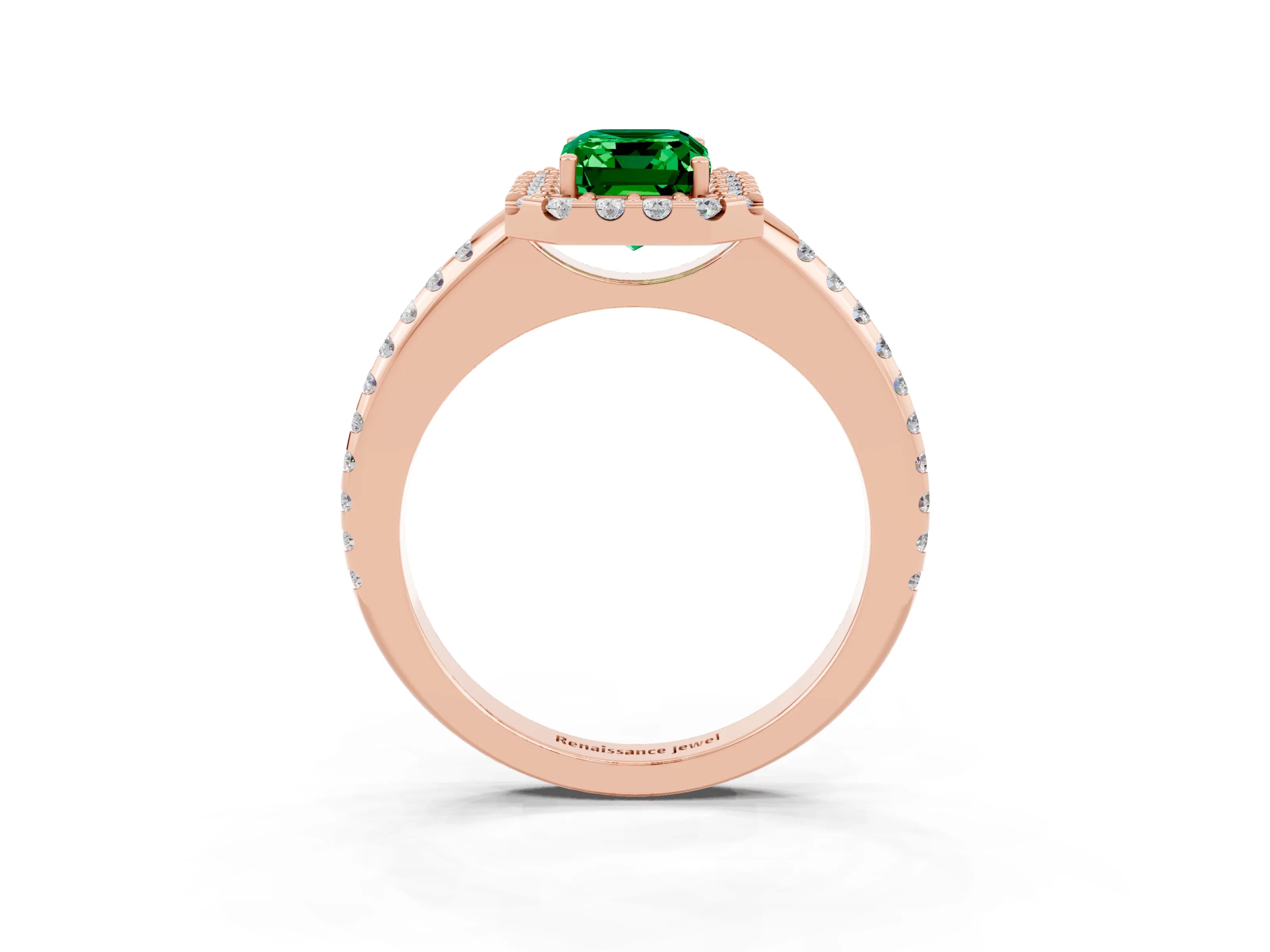 Rose gold Emerald Cut Emerald Pavé Halo Ring with Four-Prong Setting_15