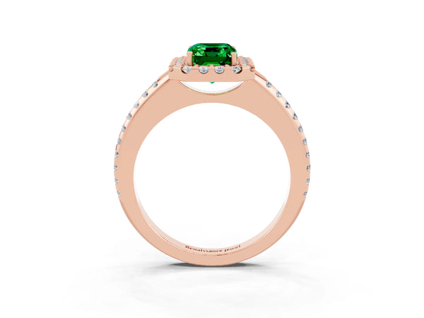 Rose gold Emerald Cut Emerald Pavé Halo Ring with Four-Prong Setting