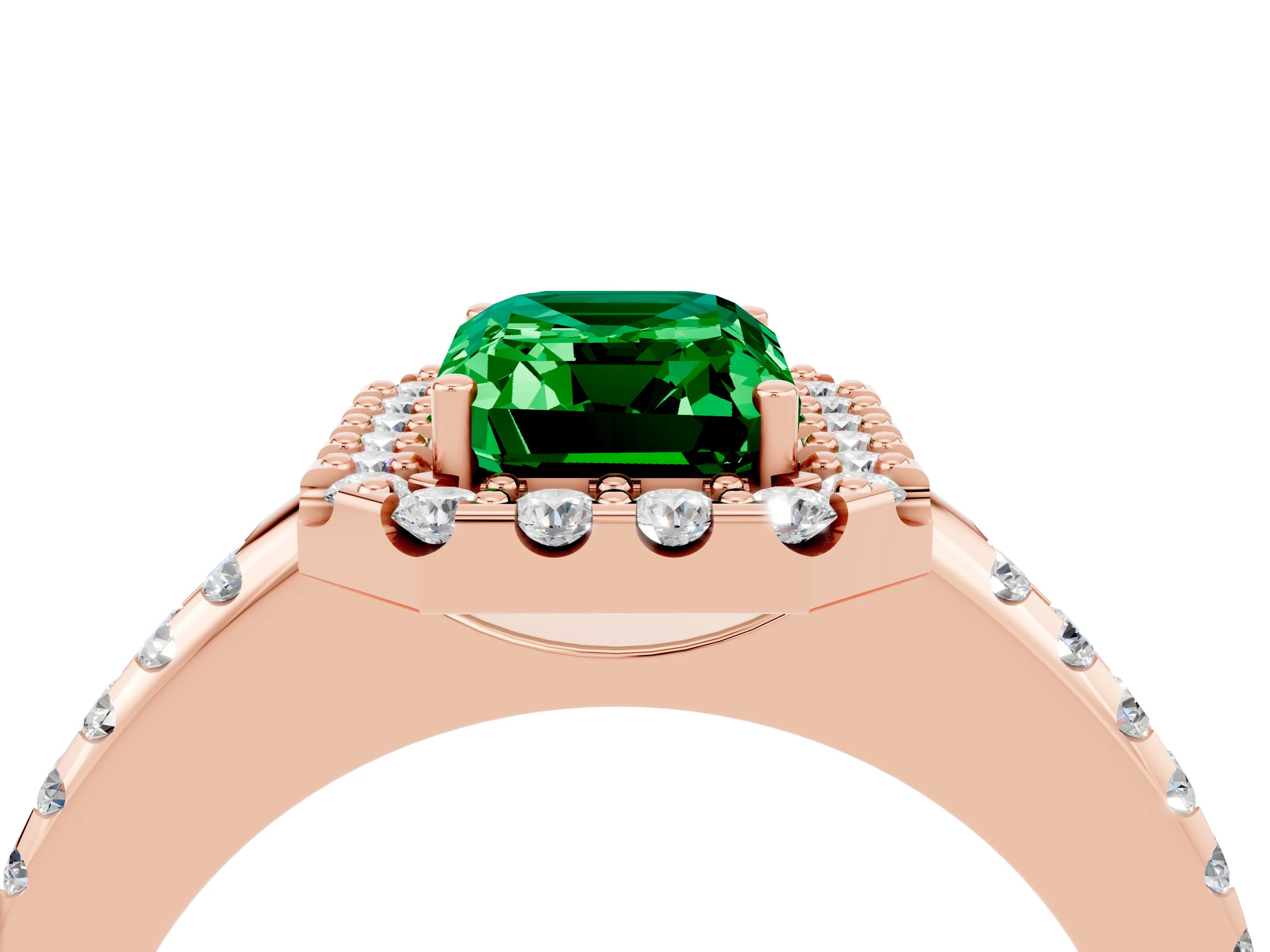 Rose gold Emerald Cut Emerald Pavé Halo Ring with Four-Prong Setting_16