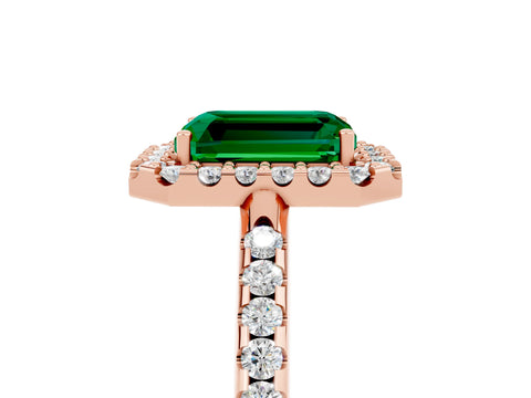 Rose gold Emerald Cut Emerald Pavé Halo Ring with Four-Prong Setting_17
