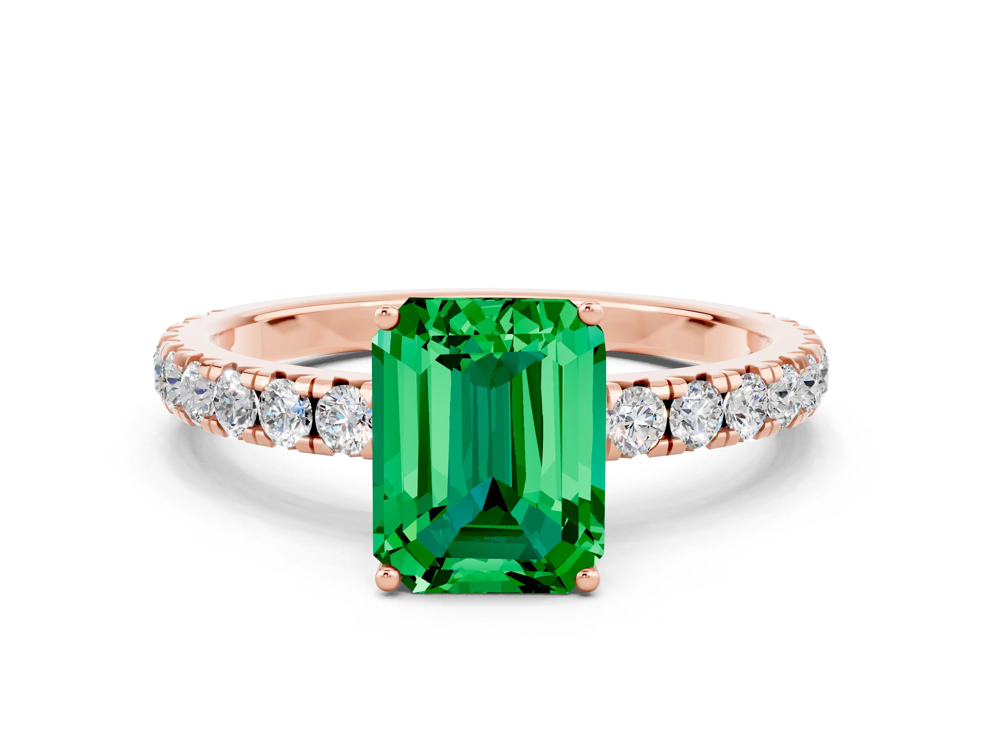 Rose gold Emerald Cut Emerald Pavé Solitaire Engagement Ring with Four-Prong Setting_12