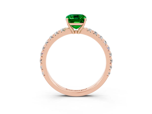 Rose gold Emerald Cut Emerald Pavé Solitaire Engagement Ring with Four-Prong Setting