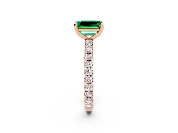 Rose gold Emerald Cut Emerald Pavé Solitaire Ring with Round Band and Prong Setting
