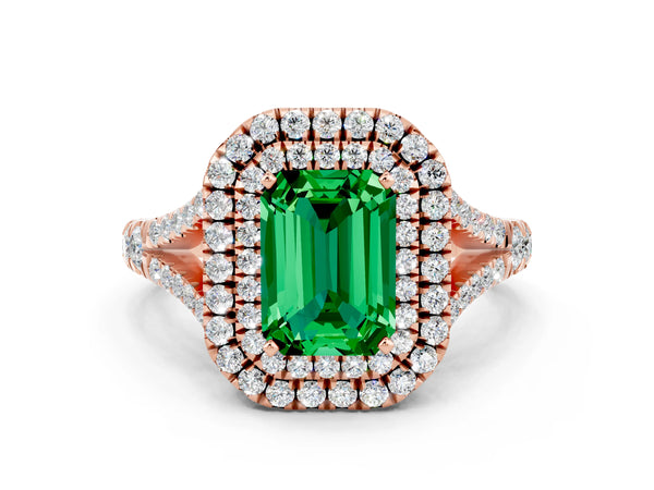 Rose gold Emerald Cut Emerald Pavé Split Shank Double Halo Engagement Ring