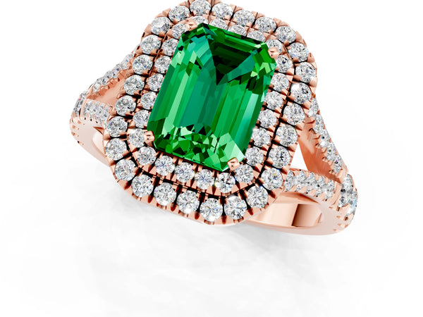 Rose gold Emerald Cut Emerald Pavé Split Shank Double Halo Engagement Ring