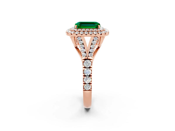 Rose gold Emerald Cut Emerald Pavé Split Shank Double Halo Engagement Ring